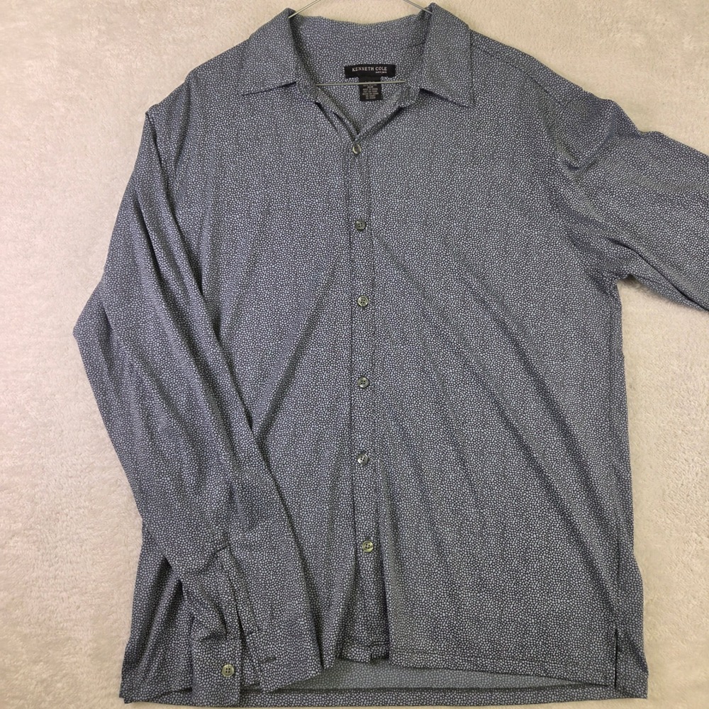 Kenneth Cole New York Mens Large Blue Grey Micro Pebble Print Nylon Button Down